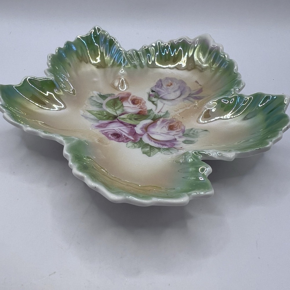 Green Floral Leaf Trinket Dish Germany Leuchburg 5.5x6"